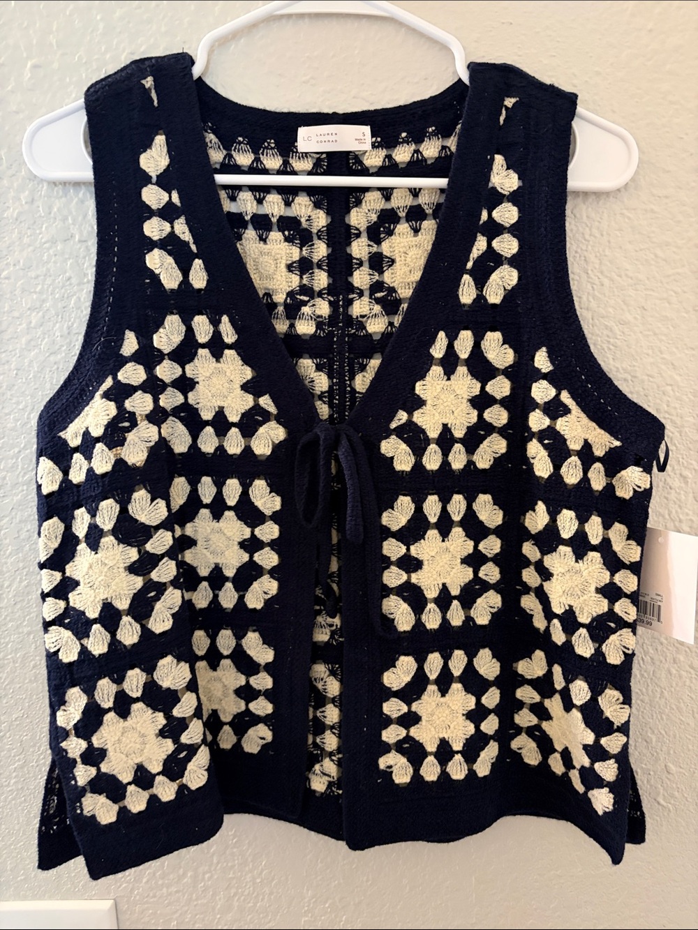 LC Lauren Conrad Navy and Cream Crochet Tie-Front Tank